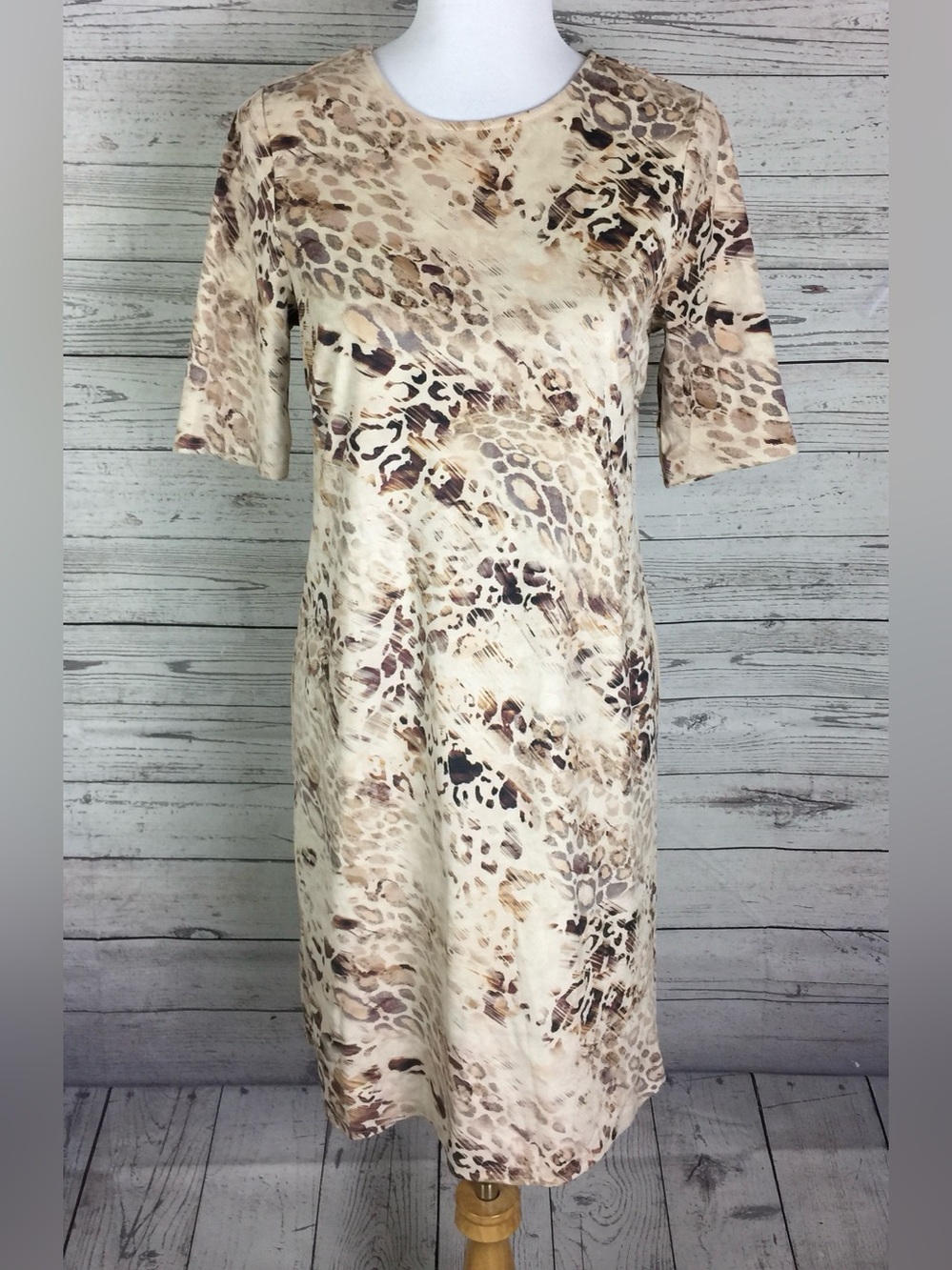 Spense Women’s Brown Beige Faux Suede Animal Print Back Zip Sheath Dress Size 6